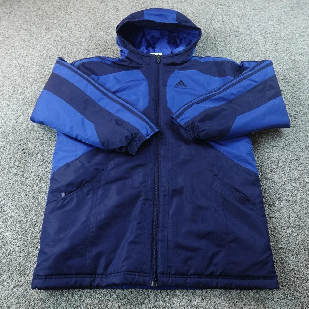VTG Adidas Jacket Mens L Blue Hooded Insulated Full Zip Windbreaker Coat Y2K 00s